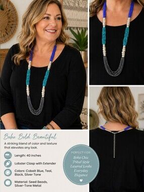 Vintage 40" Multi Strand Seed Bead Necklace Blue Teal Black Silver Tone Boho